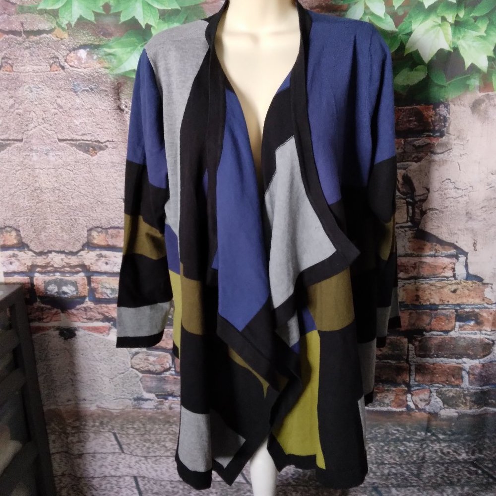 Blue Combo Drape Open Front Cardigan